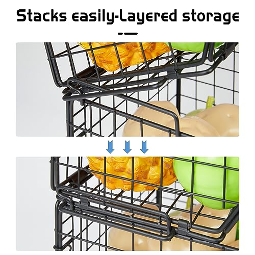X-cosrack Stackable Wire Baskets for Counter, Fruit and Vegetable Storage, Potato and Onion Storage Bin，Kitchen Pantry Organizer - Wall Basket for Produce/Snack/Can, 3-tier Large, Black - size: 3-tier Large