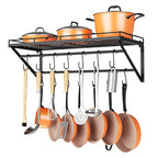 OROPY 31 Inch Wall Mounted Pot Rack Storage Shelf with 2 Tier Hanging Rails 14 S Hooks included, Ideal for Pans, Utensils, Cookware - Black - size: 31.5 Inch