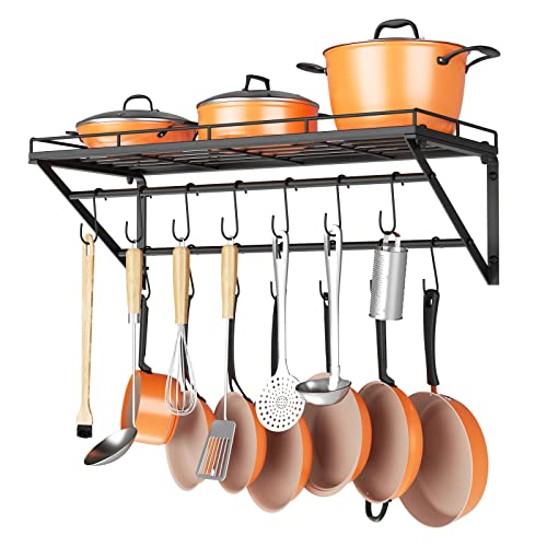 OROPY 31 Inch Wall Mounted Pot Rack Storage Shelf with 2 Tier Hanging Rails 14 S Hooks included, Ideal for Pans, Utensils, Cookware - Black - size: 31.5 Inch