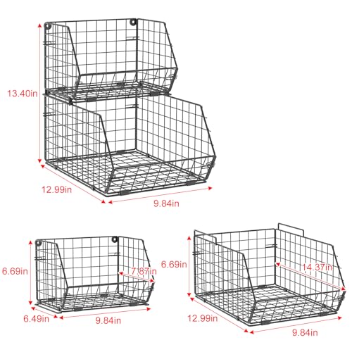 X-cosrack Stackable Wire Baskets for Counter, Fruit and Vegetable Storage, Potato and Onion Storage Bin，Kitchen Pantry Organizer - Wall Basket for Produce/Snack/Can, Large, Black - size: Large