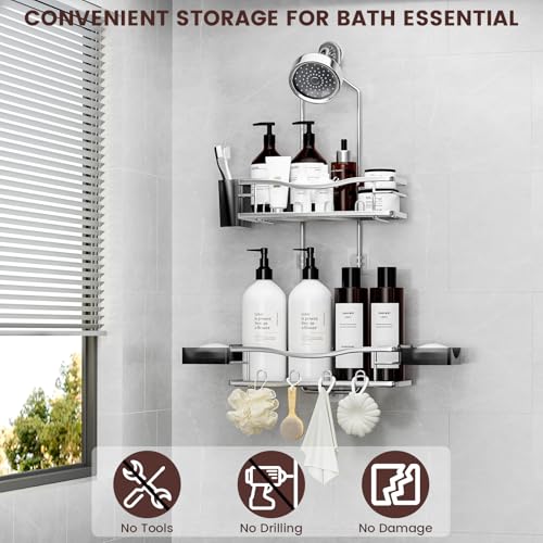 REINHARDT Shower Caddy Hanging, Rustproof Shower Caddy Anti-Swing Shower Organizer Over Showerhead No Drilling Shower Racks with Soap Holder Multi Hooks Bathroom Storage for Shampoo Sponge, Silver - color: Silver
