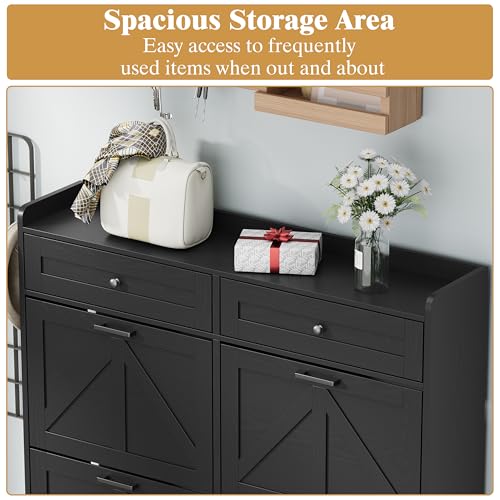 Thacuok Shoe Cabinet with 6 Flip Drawers & 2 Storage Drawers, Rustic Farmhouse Narrow Shoe Organizer Cabinet, Slim Shoe Rack Cabinet, Shoe Storage Cabinet for Entryway, Hallway, Front Door - color: Black, size: 6 Drawers