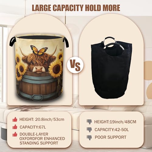 Highland Cow Laundry Hamper,Sunflower Butterflies Collapsible Laundry Baskets Waterproof Oxford Cloth With Handles,Clothes Storage Bucket Toy Organizer For Bathroom/Nursery/Bedroom 16" x 20.8" - color: Highland Cow,Sunflower Butterflies