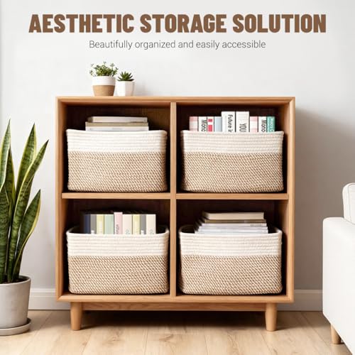 5 Pack Woven Storage Baskets for Shelves, Decorative Basket Organizer Storage Bins for Toys, Books, Clothes, Closet, Nursery, Bathroom – Cotton Rope Shelf Baskets for Organizing, Khaki & White - color: Khaki & White