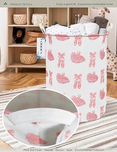 Round Collapsible Laundry Hamper for Girls,Cute Pink Dance Shoes Print Storage Bin, Waterproof Toy Storage for Kids Room, Nursery, Playroom, New Parent Gift (Pink lace dance shoes) - color: Pink lace dance shoes