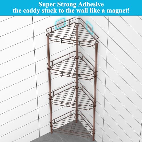 HuggieGems 4 Tier Floor Standing Corner Shower Caddy Organizer Shelf with Hooks, Bathroom Shelves Stand Rack, Coffee - color: Coffee, size: 4 Tier