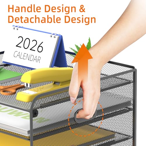 SUPEASY Mesh Desk Organizer with File Holder, 5-Tier Paper Letter Tray Organizer with Magazine Holder, Desktop Organizer and Storage with Drawer for Office Supplies Home or School (Black) - color: Black