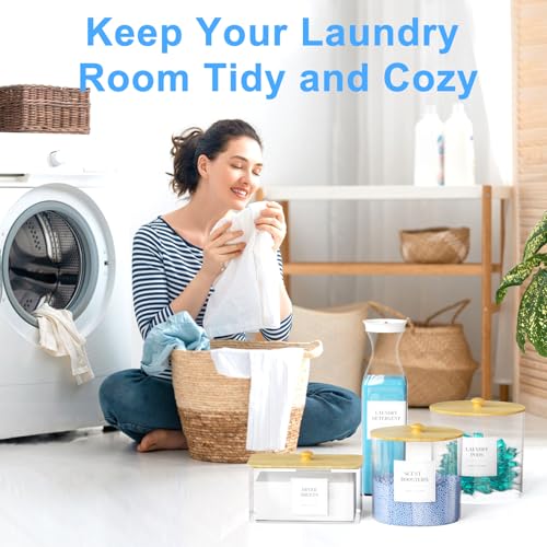 3+1 Pack Laundry Pods Containers & Dryer Sheet Holder & Laundry Detergent Dispenser, Laundry Room Organization and Storage Jars with Lids, Labels and Scoops for Scent Booster, Powder, Pods - color: Wood