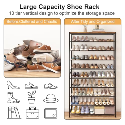 HOMEFORT 10 Tiers Shoe Rack Organizer,39.4" Shoe Storage Shelf for Closet, Shoe Rack for Entryway,Holds 45-50 Pairs of Shoe, Tall Shoe Stand with Metal Shelves and MDF Top Board,Rustic Brown - color: Rustic Brown, size: 10-Tier (11.8"D x 39.4"W x 70.47"H)