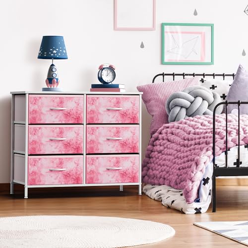 Sorbus Kids Dresser with 6 Drawers - Storage Chest Organizer Unit with Steel Frame, Wood Top & Handles, Tie-dye Fabric Bins for Clothes - Wide Furniture for Bedroom Hallway Kids Room Nursery & Closet - color: Pink Tie Dye, style: 6-Drawer