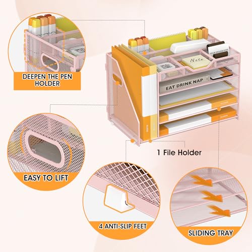 5 Tier Paper Letter Tray with File Holder and 3 Drop-in Pen Holders, Mesh Desk File Organizer with Handle, Desk Organizers and Accessories for School,Home, Office Supplies Storage-Pink - color: 5 Tier with File Holder-Pink, size: 15.4" x 9.1" x 10.3"