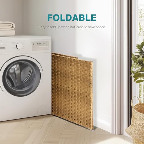 DUMOS Wicker Laundry Basket with Lid, 110L Woven Laundry Hamper with Handles, Foldable Rattan Clothes Hamper with Removable Liner & Sturdy Steel Frame, Goose Yellow - color: Goose Yellow, size: 110L