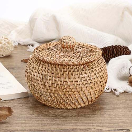 Hipiwe Round Rattan Basket Boxes With Lid Hand-Woven Wicker Storage Baskets Bin Decorative Basket Box Multi-Purpose Picnic Food Bread Basket Small Keys Basket Bowl for Entryway (X-Small,4.7"x3.3") - size: X-Small,4.7"x3.3"