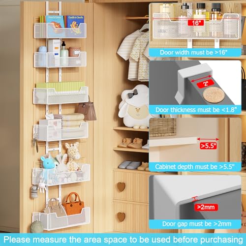 Hongtamoya Over The Door Organizer, Metal Hanging Door Organizer with 6 Adjustable Baskets and 5 Hooks, Behind The Door Storage for Closet Pantry Cabinet Kitchen Bathroom Bedroom, White - color: White Mesh Basket