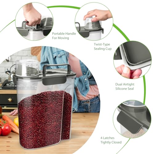 Viretec Rice Storage Container, 5 to 10lb Dry Food Airtight Dispenser, Pet Dog Cat Food Canister, BPA Free Clear Plastic Kitchen and Pantry Bin for Oatmeal, Cereal, Pasta, Flour Pack of 2 Grey - color: 3L+6L/Grey