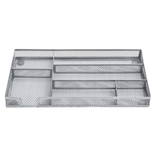 Annova Desk Drawer Organizer Tray for Office Organization - Metal Mesh - Storage Tray with Dividers for Pens, Desktop Accessories, Bathroom, Kitchen, Makeup and Office Supplies (Small, Silver) - color: Silver, size: Small