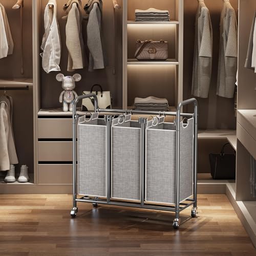 Whitmor 3-Bag Laundry Sorter, Laundry Hamper Cart with Heavy Duty Rolling Lockable Wheels and Removable Bags, Laundry Organizer Basket Clothes Separator Hamper, Grey, Large, KJ3009 - size: 3 Section B，Grey