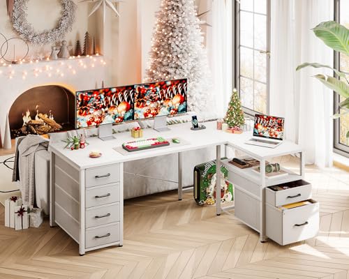Coleshome L Shaped Computer Desk with 6 Drawers & Power Outlet, 55 Inch Corner Desk with Reversible Storage Shelf & File Drawer, Home Office Desk, White - color: White, size: 55 Inch