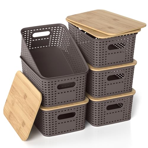 Plastic Storage Baskets with Bamboo Lids, Stackable Small Box Bins for Organizing and Containers for Shelves Drawers Desktop Closet Pantry Classroom Office Home, 6 Pack 10.2x7.2x4.1 Inch, Brown - color: Brown