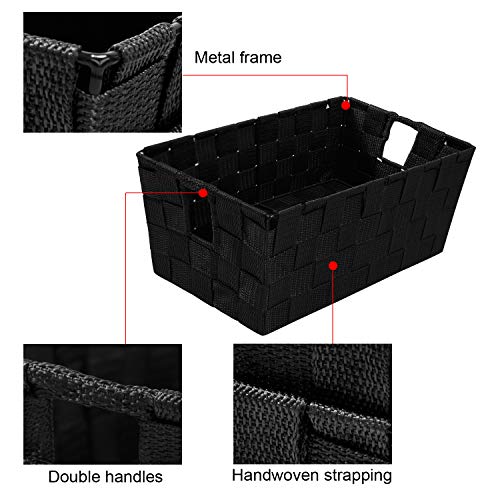 Woven Black Storage Baskets Shelf Tote Boxes Container, Durable Storage Organizer Bins with Built-in Handles for Bedroom, Office, Closet, Kids Room, Nursery, 3-Pack,11.4”x 6.5”x 4.5” - color: Woven Strap Black, size: 3 Pack