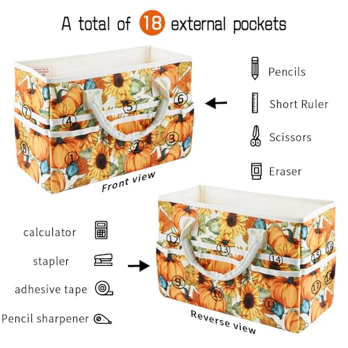 E-WEICHEN Craft Organizer Tote Bag Art Storage Caddy with Multiple Pockets Containers for Art,Craft,and Office Supplies Storage.Pumpkin Flower - color: Pumpkin Flower