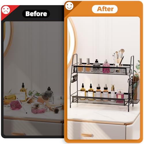VITVITI 2-Tier Bathroom Organizer Countertop, Metal Wire Mesh Bathroom Counter Organizer Storage with Basket Hooks, Vanity Tray Shelf, Kitchen Spice Rack, Black - color: Large Black Wire Mesh