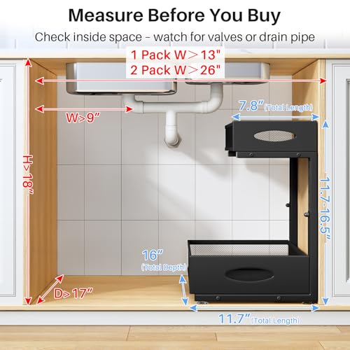 Under Sink Organizer, 2 Pack 2 Tier Pull Out Under Cabinet Organizer Shelf with Pad for Framed Cabinets, Metal Slide Out Under Sink Storage, Mesh Sliding Drawers for Kitchen Bathroom Laundry, Black - color: Black, size: 2-Pack