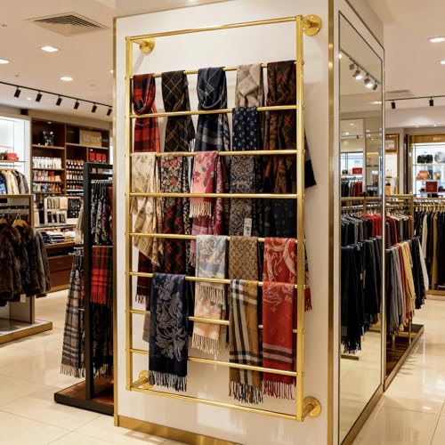 10-Layer Wall Mounted Display Rack, Tie & Scarf Rack Belt Towel Holder Wrapping Paper Ribbon Organizer Metal Shelving Scarves Belts Necktie Hijab Stand for Home, Retail Stores, Flower Shop - color: Gold, size: L: 23.6 in, H: 47.2 in