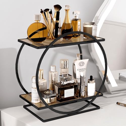 Perfume Organizer for Dresser, Black Bathroom Counter Organizer, 2 Tier Vanity Makeup Organizer, Bathroom Organizer and Storage for Skincare Cosmetic Perfume Display Stand for Bedroom Decor - color: Black Brown