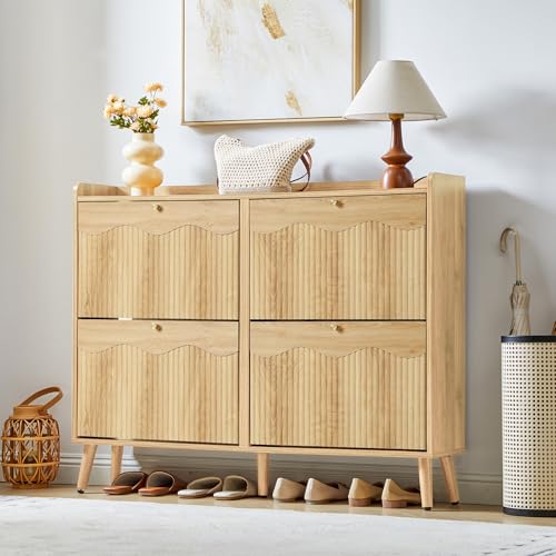 Bifins Shoe Storage Cabinet with 4 Wavy Fluted Flip Drawers, Modern 47.2” Wide Hidden Narrow Shoe Rack Cabinet for Entryway Foyer Hallway (Natural Oak 4 Drawer) - color: Natural Oak 4 Drawer