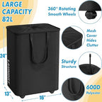 Simple Houseware Large 82L Laundry Basket with Wheels, Collapsible Waterproof Hamper with Handles and Mesh Cover, Black - color: Black