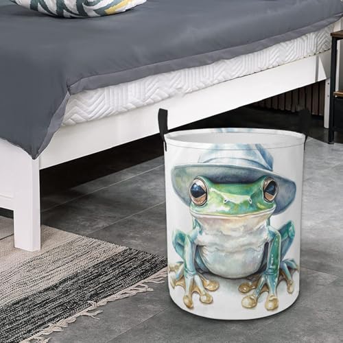 Green Frog Laundry Basket Funny Foldable Laundry Hamper with Handles Clothes Storage Bin for Household Bedroom Bathroom Dorms 17.3"x13.6" - color: Green Frog