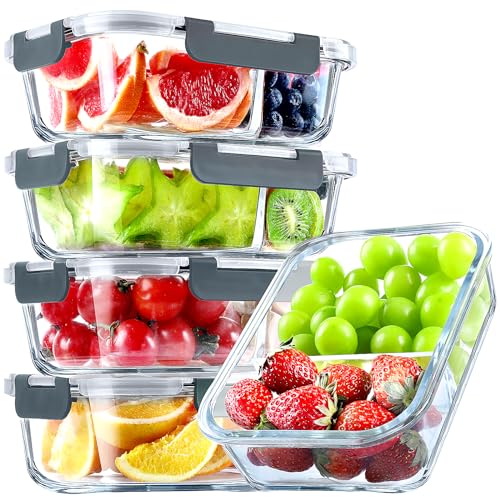 VERONES 5 Pack Glass Meal Prep Containers 2 Compartment Set, 36OZ Airtight Glass Lunch Containers, Glass Food Storage Containers with Lids, for Microwave, Oven, Freezer & Dishwasher Friendly,Grey - color: Grey