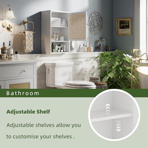 Bathroom Wall Cabinet, Bamboo Over-The-Toilet Storage Organizer with Rattan Doors and Adjustable Shelf, Space Saver Medicine Cabinet for Laundry, Kitchen, Living Room (White) - color: White