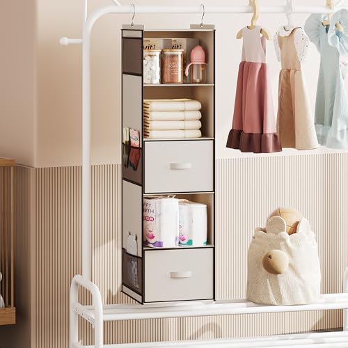 YOUDENOVA Hanging Closet Organizer, 5 Tier Hanging Closet Shelves with 6 Side Pockets and 2 Drawers, Beige - color: Beige