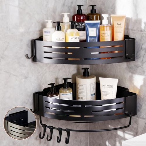 Corner Shower Caddy,Adhesive Shower Caddy,No Drilling Bathroom Organizers And Storage,Bathroom Corner Shower Shelves,Estantes Para Baños,Shower Caddy Adhesive Pad With Towel Bar Hooks（2-Pack，Black） - color: BLACK