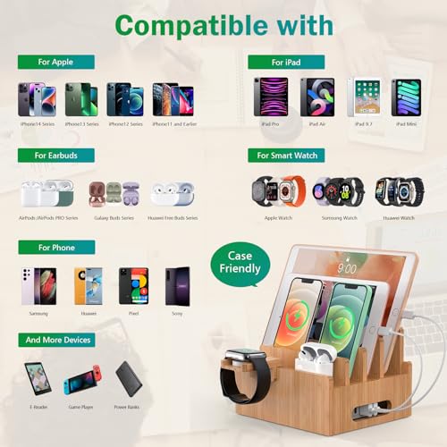 Pezin & Hulin Cell Phone Charging Stations, Bamboo Dock Organizer for Multi Devices, Tablets, Smart Watch, with Pack 5 Cables, No Power Charger Supply - color: Dock Rack +Cables
