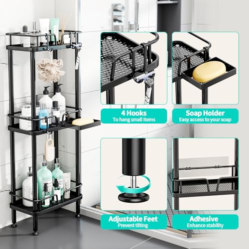 HapiRm Standing Corner Shower Caddy - 3 Tier Corner Shower Organizer with Soap Holder, Rustproof Stainless Steel Bathroom Shelf with 4 Hooks, Black - color: Black