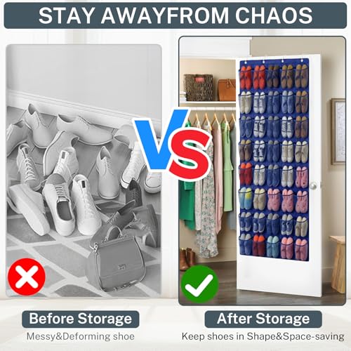40-Pocket Over the Door Shoe Organizer - Large Mesh Pocket Hanging Shoe Organizer,Behind the Door Shoes Storage Holder Hanger - color: Navy Blue