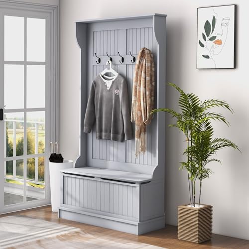 HOMCOM Hall Tree with Bench and Shoe Storage, 3-In-1 Entryway Bench with Coat Rack, 5 Hooks and Flip Top Storage Compartment, Gray - color: Grey, size: 38"