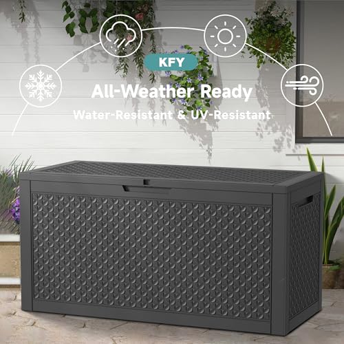 101 Gallon Waterproof Outdoor Storage Box, UV Resistant Resin Deck Box with Hydraulic Rod for Reinforced Stability, Perfect for Patio, Garden, and Pool（Black，101 Gallon） - color: Black, size: 101 Gallon