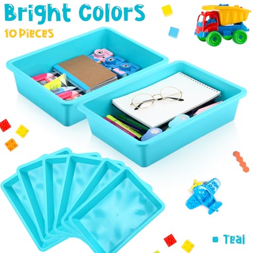 Hoteam 10 Pcs Flat Storage Organizer Tray Bin Paper Tray for Classroom Plastic Stackable File Organizer for School Office Teacher Book Organization(Teal,13.78 x 9.84 x 3.15 Inch) - color: Teal, size: 13.78 x 9.84 x 3.15 Inch