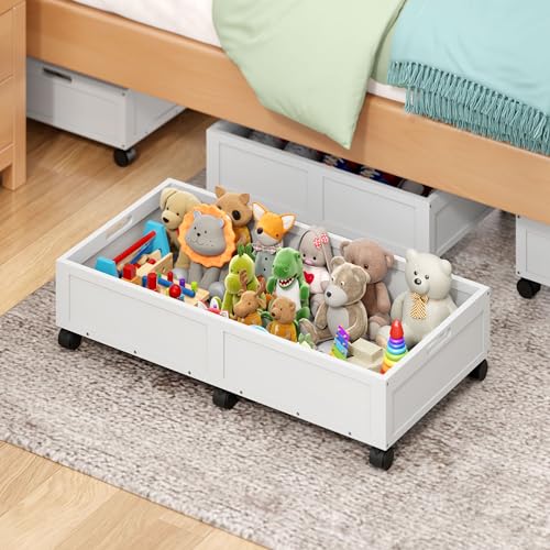 WISUCART Wood Under Bed Storage Containers Underbed Organizer with Wheels Sturdy Wood Rolling Under Bed Shoe Storage Organizer 2 Packs (White, Large) - color: White