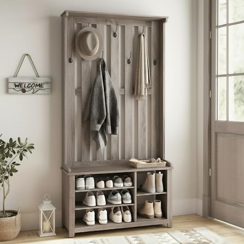 VASAGLE Hall Tree with Bench and Shoe Storage, Coat Rack with Shoe Bench, 7 Double Hooks for Jackets, Hats, Entryway, Bedroom, Living Room, 13.8 x 31.9 x 70.9 Inches, Heather Greige UHSR414G01 - color: Heather Greige