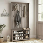 VASAGLE Hall Tree with Bench and Shoe Storage, Coat Rack with Shoe Bench, 7 Double Hooks for Jackets, Hats, Entryway, Bedroom, Living Room, 13.8 x 31.9 x 70.9 Inches, Heather Greige UHSR414G01 - color: Heather Greige