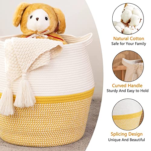 KAKAMAY Woven Baskets for Storage(17"x17"),Large Cotton Rope Woven Baby Laundry Hamper,Collapsible Laundry Basket, Blanket Basket for Organizing Living Room,Nursery,Pillows,Toy Chest(Yellow) - color: Yellow