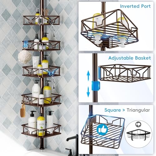Skycarper 5 Tier Adjustable Corner Shower Caddy Organizer with Hooks,Rustproof Tension Pole 62-116 Inch,Bronze - color: Bronze