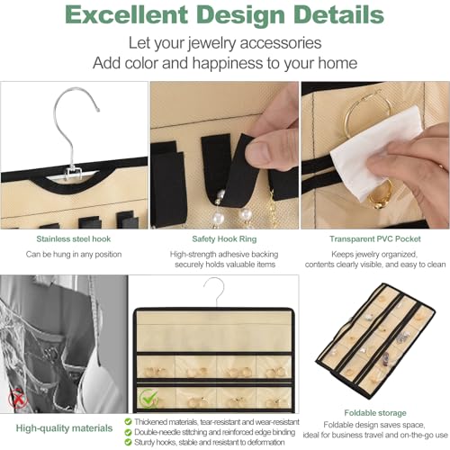 Hanging Jewelry Organizer – Jewelry Holder for Earrings, Necklaces, Rings – Closet Hanging Organizer & Travel hanging Jewelry Organizers for Women, Wall or Door Use, Day Gifts (Beige) - color: Beige