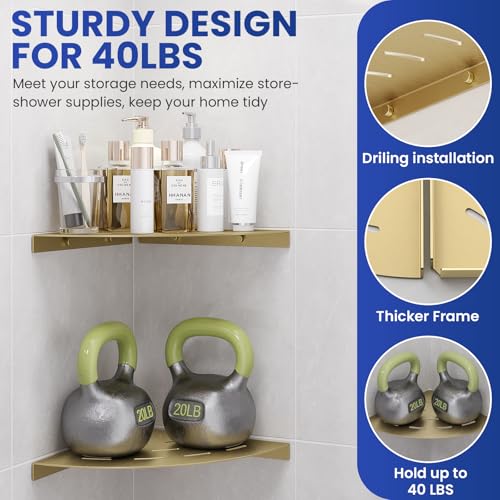 2 Pack Corner Shower Shelves Load Capacity 40 lbs 304 Stainless Steel Shower Corner Shelf Will not Rust 8in Shower Shelf for Inside Shower Brushed Gold Drilling Installation - color: Brushed Gold