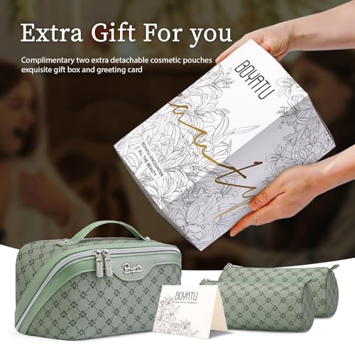 BOYATU Travel Makeup Bag Cosmetic Bags for Women: 3 Pcs Set Large Capacity Make up Bag with Handle - Vegan Leather Toiletry Bags with Compartments - Makeup Organizer for Travel Essentials(A-5-Green) - color: A-5-Green